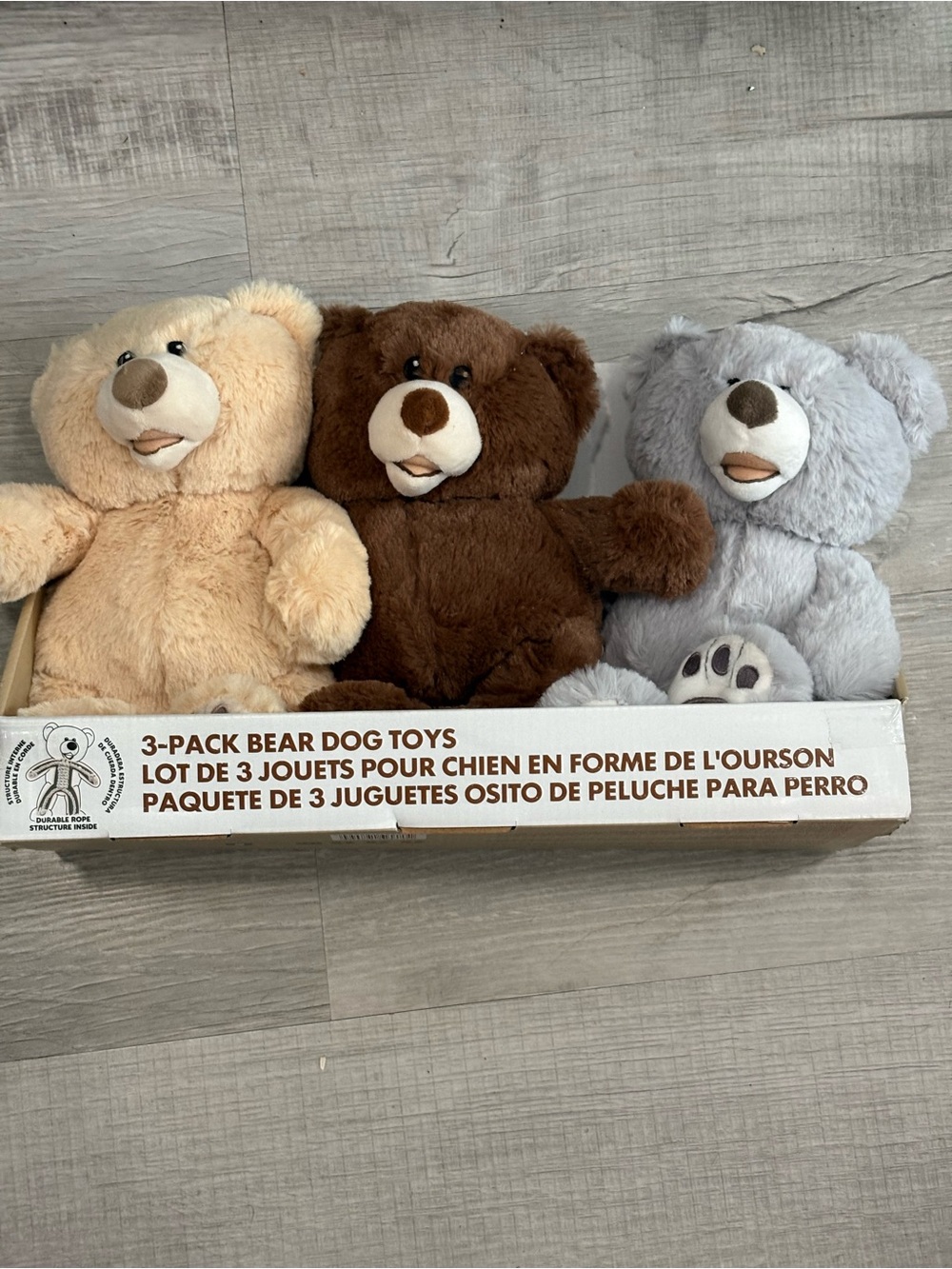 3-Pack Plush Bear Dog Toys - Cream, Brown & Gray DS Brand New!